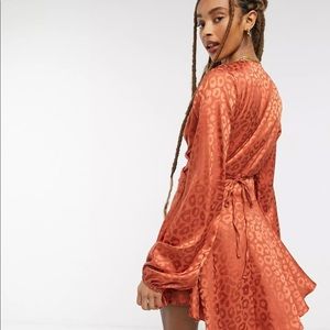 Long Sleeve Satin Plunge Mini Dress